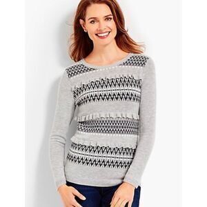Talbots | Gray Lambswool Blend Ruffle Fair Isle Sweater | Large